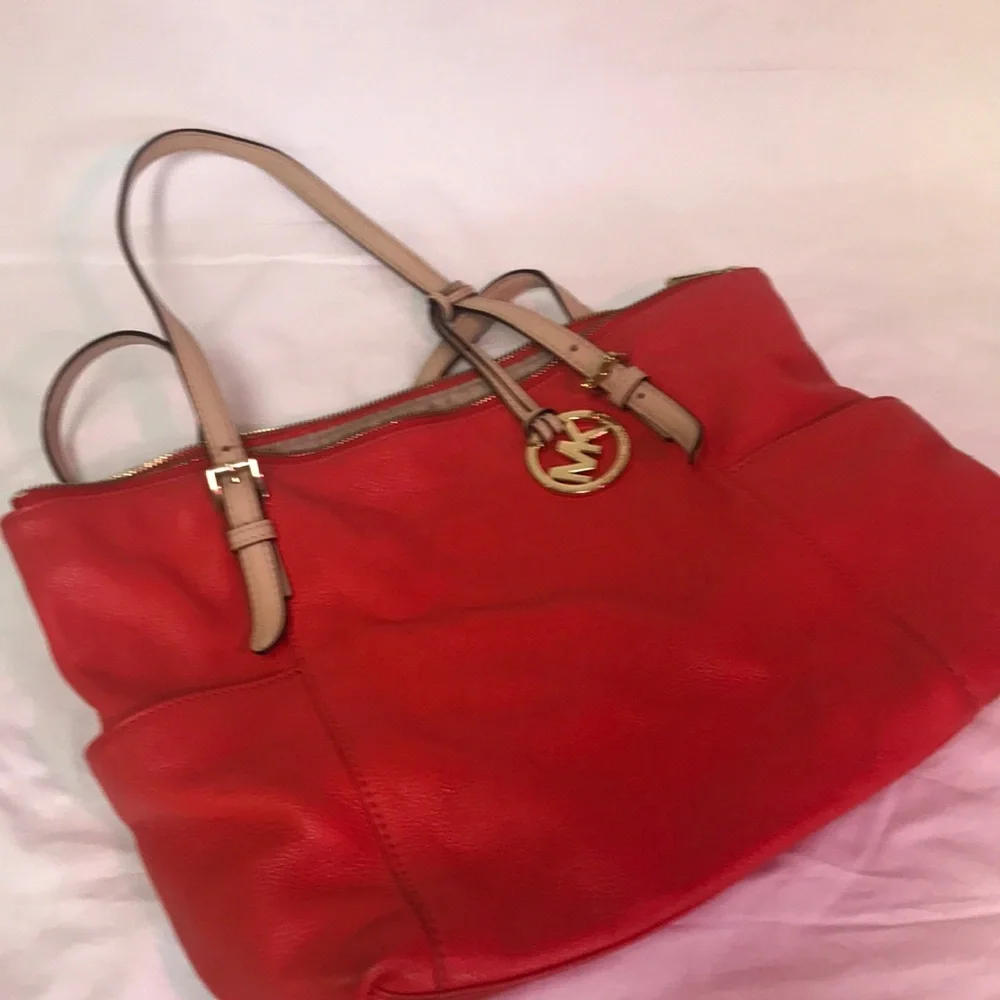 Michael Kors Coral Leather Tote Bag with Gold MK Charm